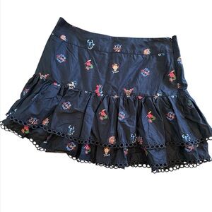 NWT FARM Rio Black Ruffled Mini Skirt with Multicolor Embroidered Motifs